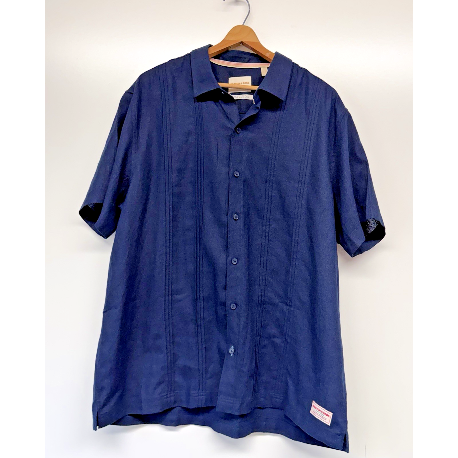 Scotch & Soda Button Down Mens Xl Navy Blue Linen Blend Pintuck Guayabera Shirt — image 2 of 8